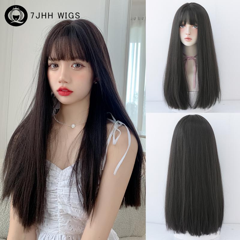 Straight Layered Blonde Wigs With Neat Bangs High Density Synthetic Natural Fake Hair Wig For Women Daily Cosplay Party Wigs
