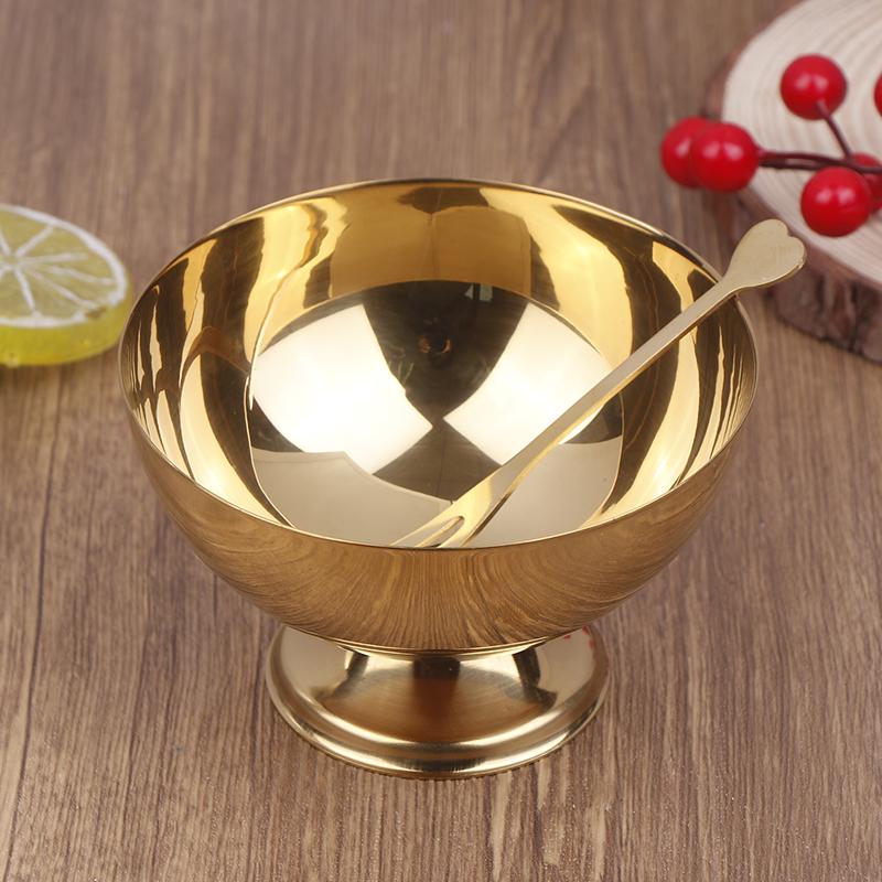 .1Pc Gold Stainless Steel Ice Cream Cup Salad Bowl With Fork Dessert Fruit Plate Snack Dish Wine Cup Home Kitchen Bar Tableware