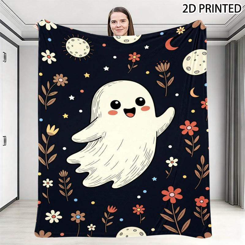 Playful Cartoon Halloween Throw Blanket, Whimsical Spooky Pattern with Colorful Flowers, Stars & Moons, Multiple Specifications