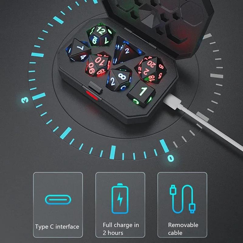 USB Rechargeable 7PCS Light Up Polyhedral Dice Set with Pouch Glowing LED DND RPG Table Game Dice for Gamer Gift