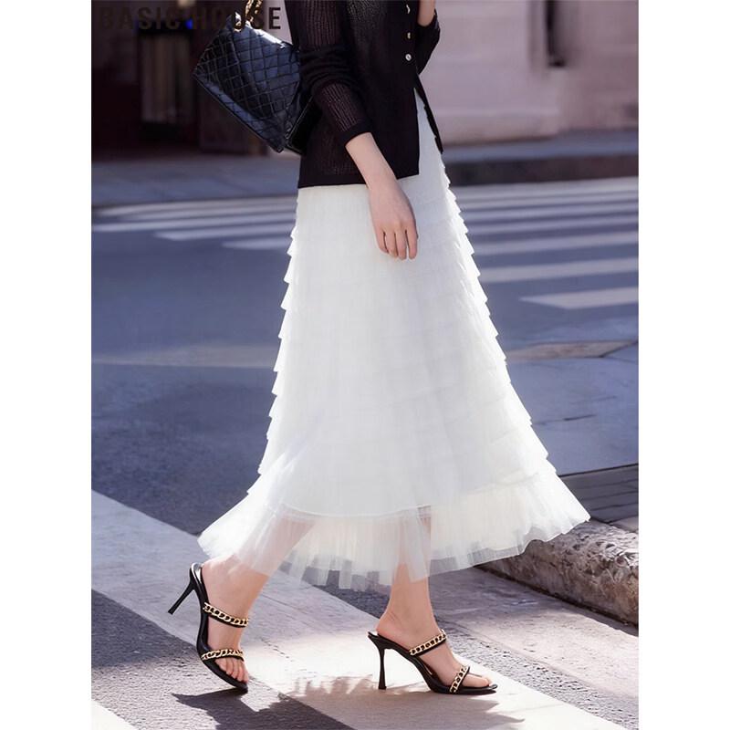 Basic House White Mesh Puffy A-Line Midi Skirt XL
