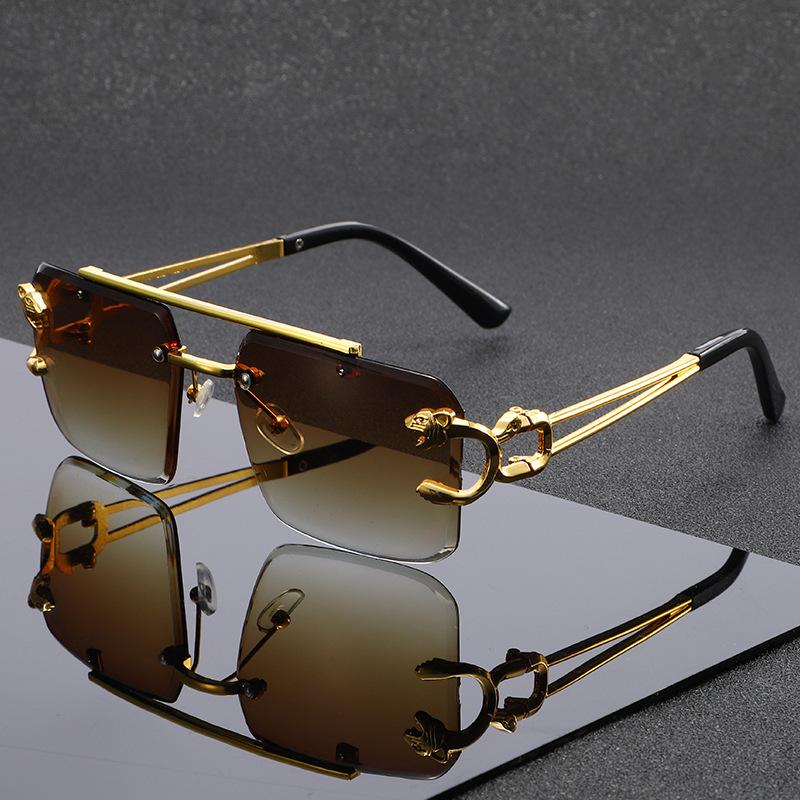 New European and American personalized box frameless double beam leopard head sunglasses fashionable driving sunscreen sunshade glasses