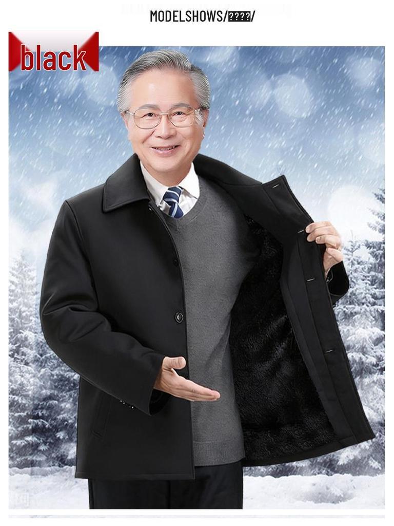 Elderly Men's Winter Fleece-Lined Cotton Jacket, Short Style for Ages 50-70