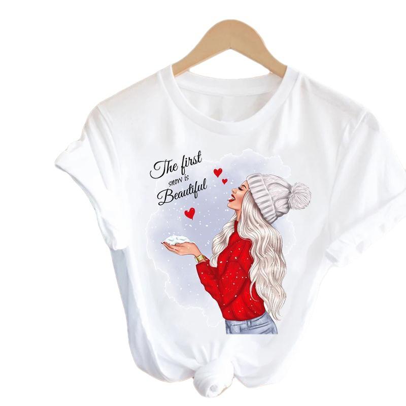 Cartoon Rudolph Reindeer Snowflake Print T Shirt Women Merry Christmas Holiday Short Sleeve Top