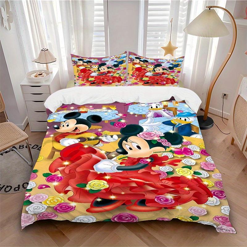 3pcs Mickey Mouse Minnie Mouse Floral Bedding Set Includes 1 Quilt Cover and 2 Pillowcases, Comfortable Bedding W071