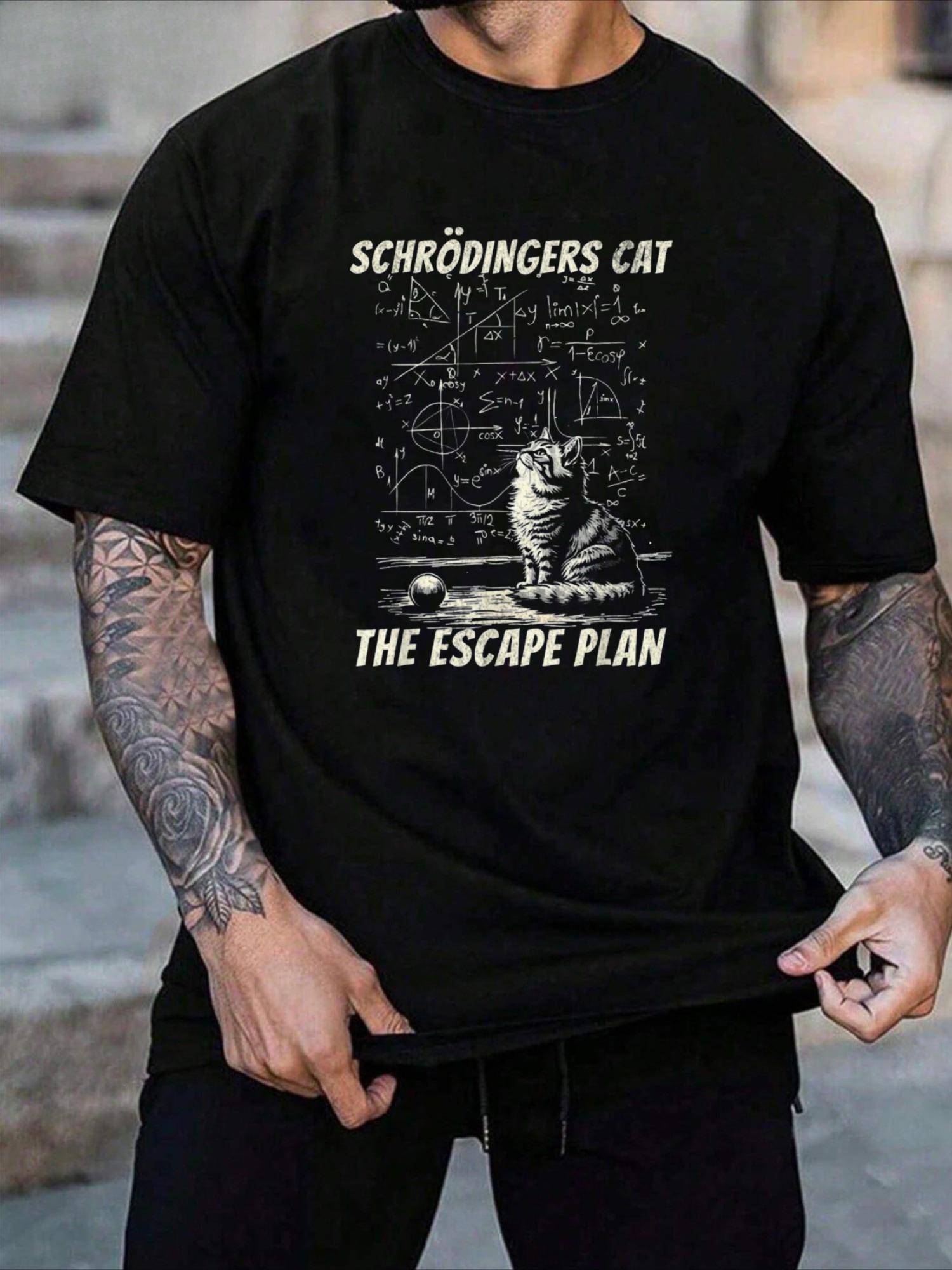 

Round-neck Short-sleeved T-shirt, Featuring The Patterns of Schrödinger s Cat and Escape Plan on The Front, Men s T-shirt 4XL