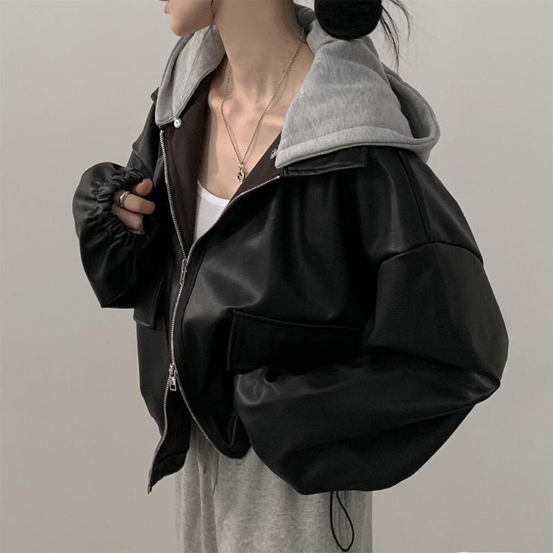 Chaqueta corta elegante vintage de otoño para mujer, estilo retro de calle, de cuero, de manga larga, con cremallera y capucha, estilo de abrigo