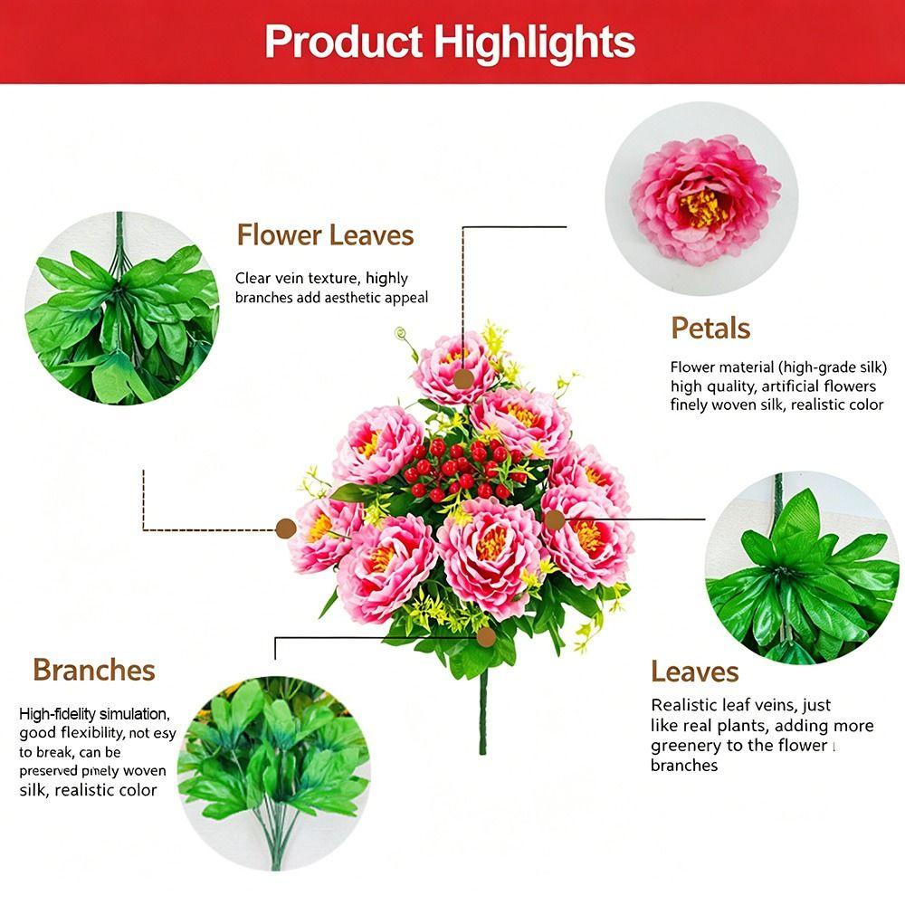Multicolor Peony Artificial Flower Green Leaves Red Berries Decorative Flower Bouquet Photo Props Floral Arrangement
