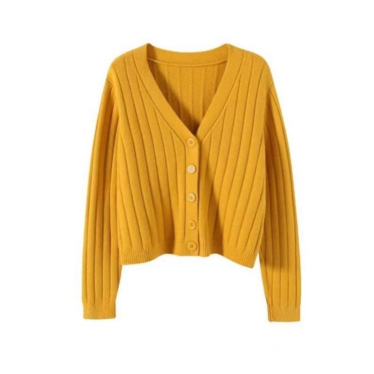 Women's V Neck Knitted Cardigan Short Jacket Loose Long Sleeve Autumn Versatile Outfit Top Sweater