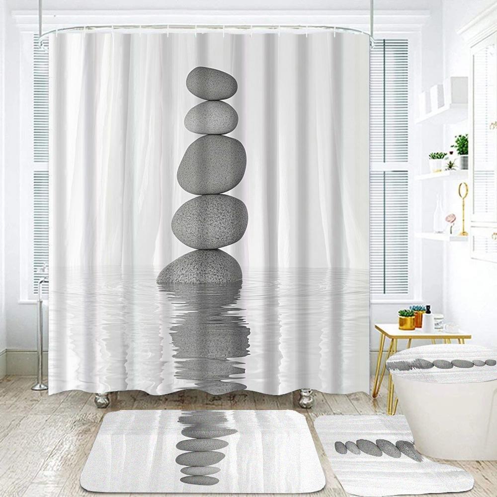 

Flowers Zen Stone Shower Curtain Sets With Non-Slip Rugs Toilet Lid Cover And Bath Mat Waterproof Bathroom Curtains Home Decor W60H190(CM)-1 Pcs