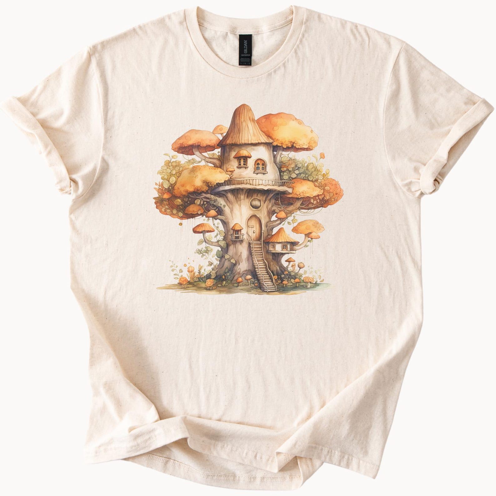 Whimsical Treehouse Shirt Fantasy Mushroom Cottagecore Graphic Tee Cozy Autumn Forest House Illustration T Shirt Gift 100