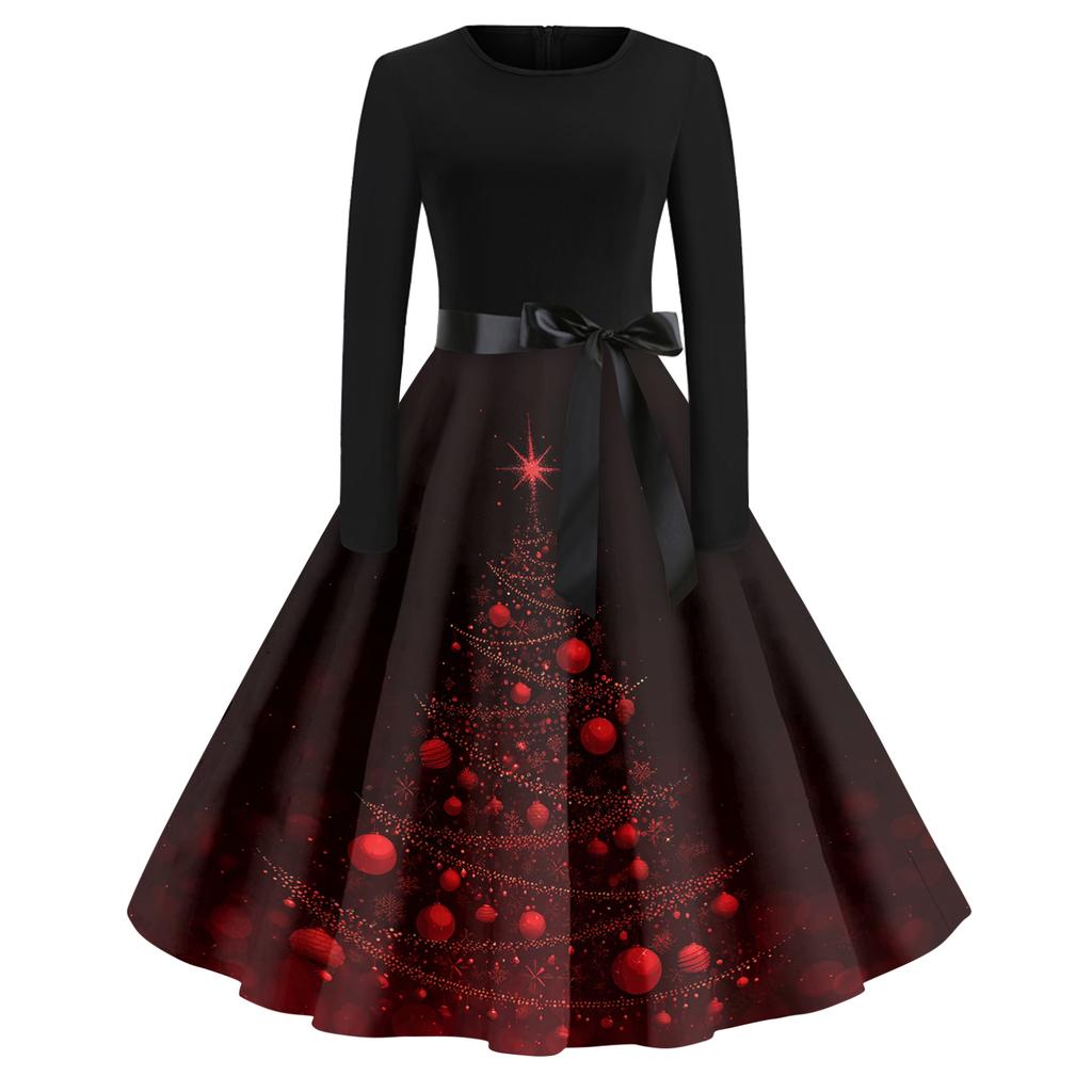 Women's Casual Fashion Round Neck Christmas Printed Vintage Dress