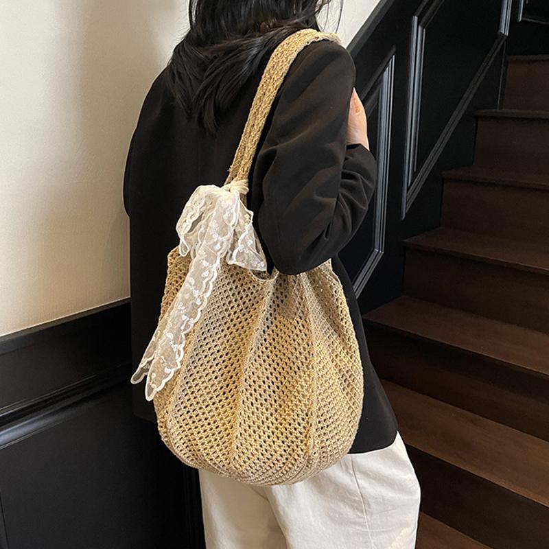 Yogodlns Women Hollow Out Crochet Tote Bag Fashion Knitted Bag Large Capacity Scarf Decor Handbag Female Summer Beach Solid Color Woven Shoulder Bag