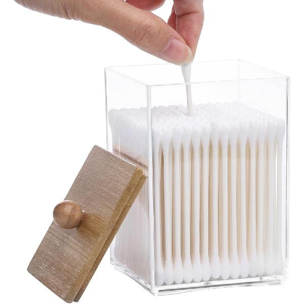 Tbestmax 12 OZ Cotton Swab/Ball/Pad Holder, Qtip Apothecary Jar, Clear Bathroom Containers Dispenser for Storage 4 Pack Wood Lids