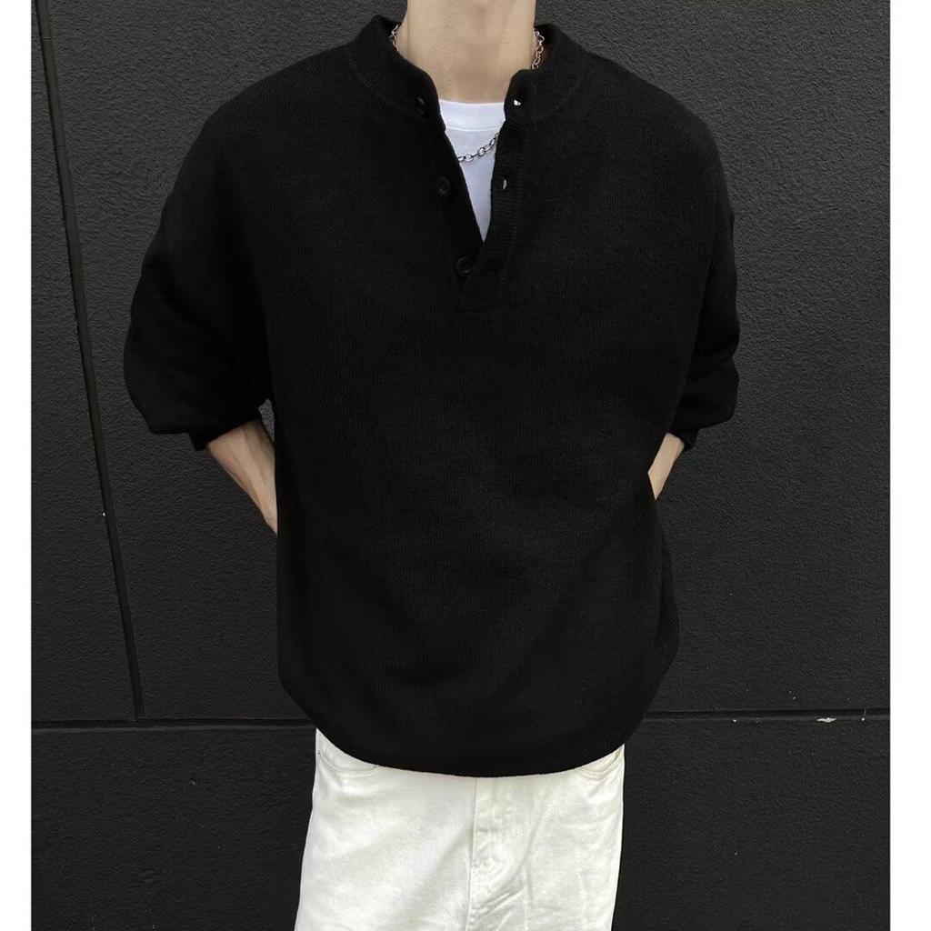 Men's Black Retro Henley Sweater - Lazy Spring/Fall Knit Top