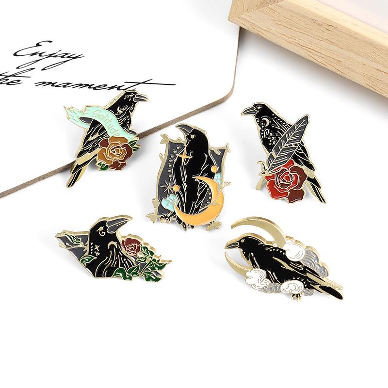 Crescent Ribbon Flower Brooch: Trendy Black Feather Crow Fashion Accessory