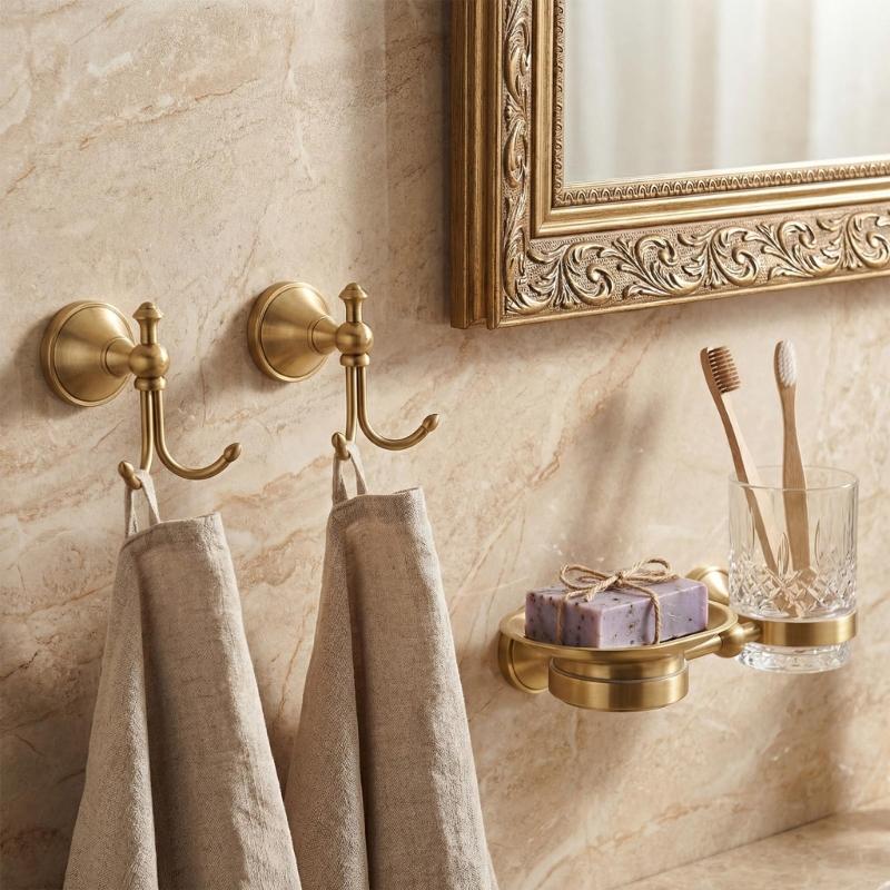 Antiker Messing-Wandhaken Doppelhaken mit gebürstetem Gold-Finish Wandmontierter Handtuch Bademantel Kleiderhaken für Badezimmer Eingangsbereich