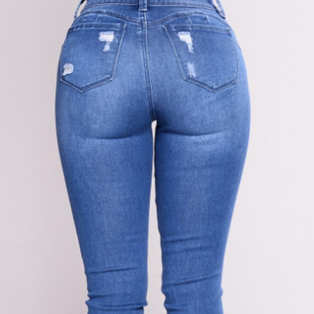 Ladies Casual Slim Jeans Women's Fashion High Waist With Holes In Elasticity And Small Feet Trousers