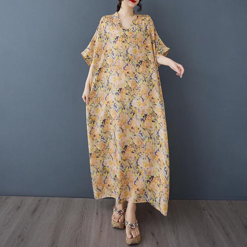 

DIMANAF 2025 Летнее платье больших размеров для женщин Повседневное винтажное платье-рубашка с V-образным вырезом Свободное базовое платье с принтом One Size