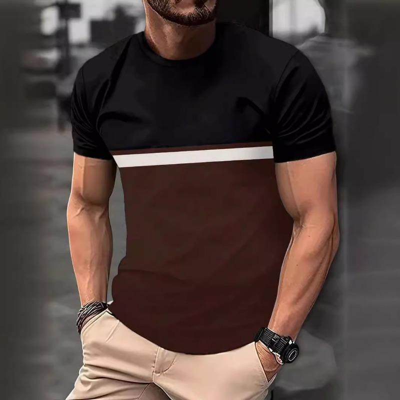 Men's Color Blocked Round Neck T-shirt with D-print Top Short Sleeved T-shirt for Summer Loose Fit Men's Casual Wear Shirt