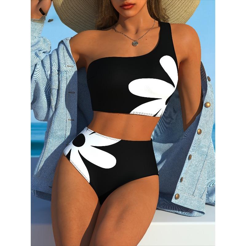 Женский модный комплект бикини | Высокая эластичность, цветочный узор S чёрный