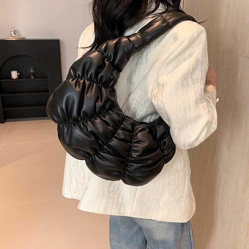 Quilted Padded Crossbody Bag for Women Ruched Shoulder Cloud Bag PU Leather Half Moon Hobo Bag Bubbles Handbag Purses AVE