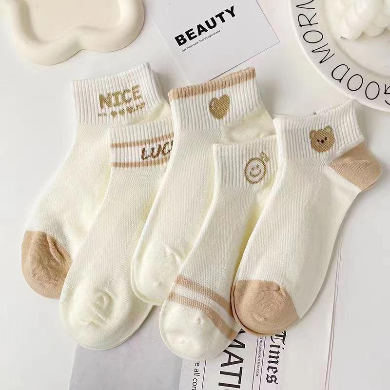 5 pairs/Pack Spring Summer Women's Socks Cute Short Socks Korean Style Bear Smile Face Letters Print Ankle Socks