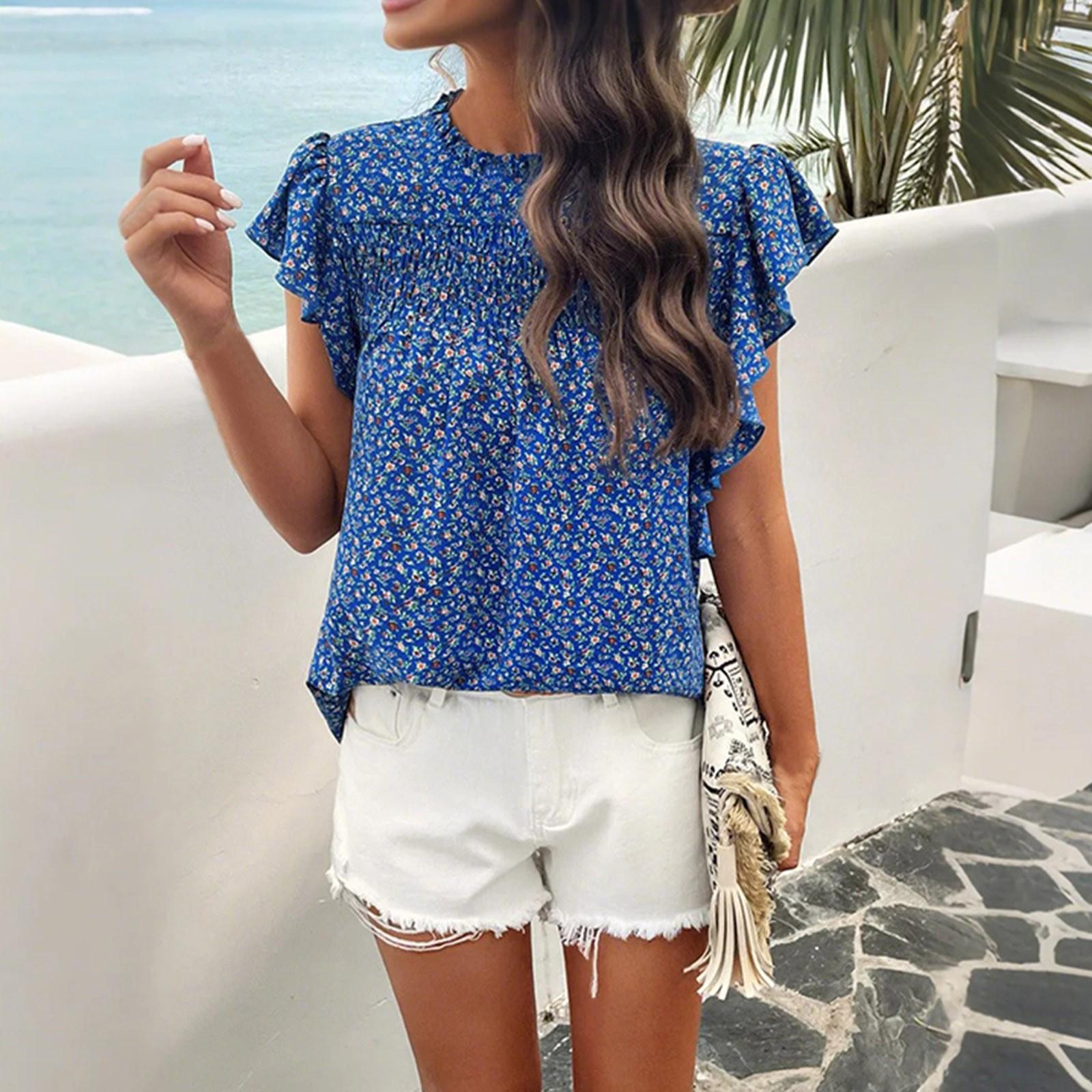 

Безрукавный топ с оборчатым воротником и принтом, свободная повседневная футболка L синий