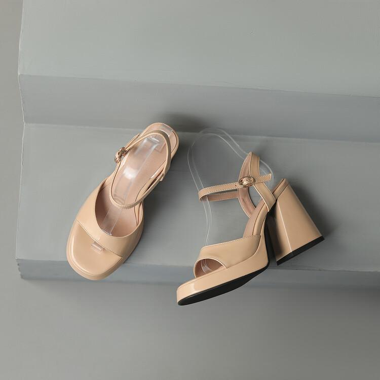 Fashion New patent leather round head fish mouth hollow buckle waterproof platform thick heel high heel sandals for women