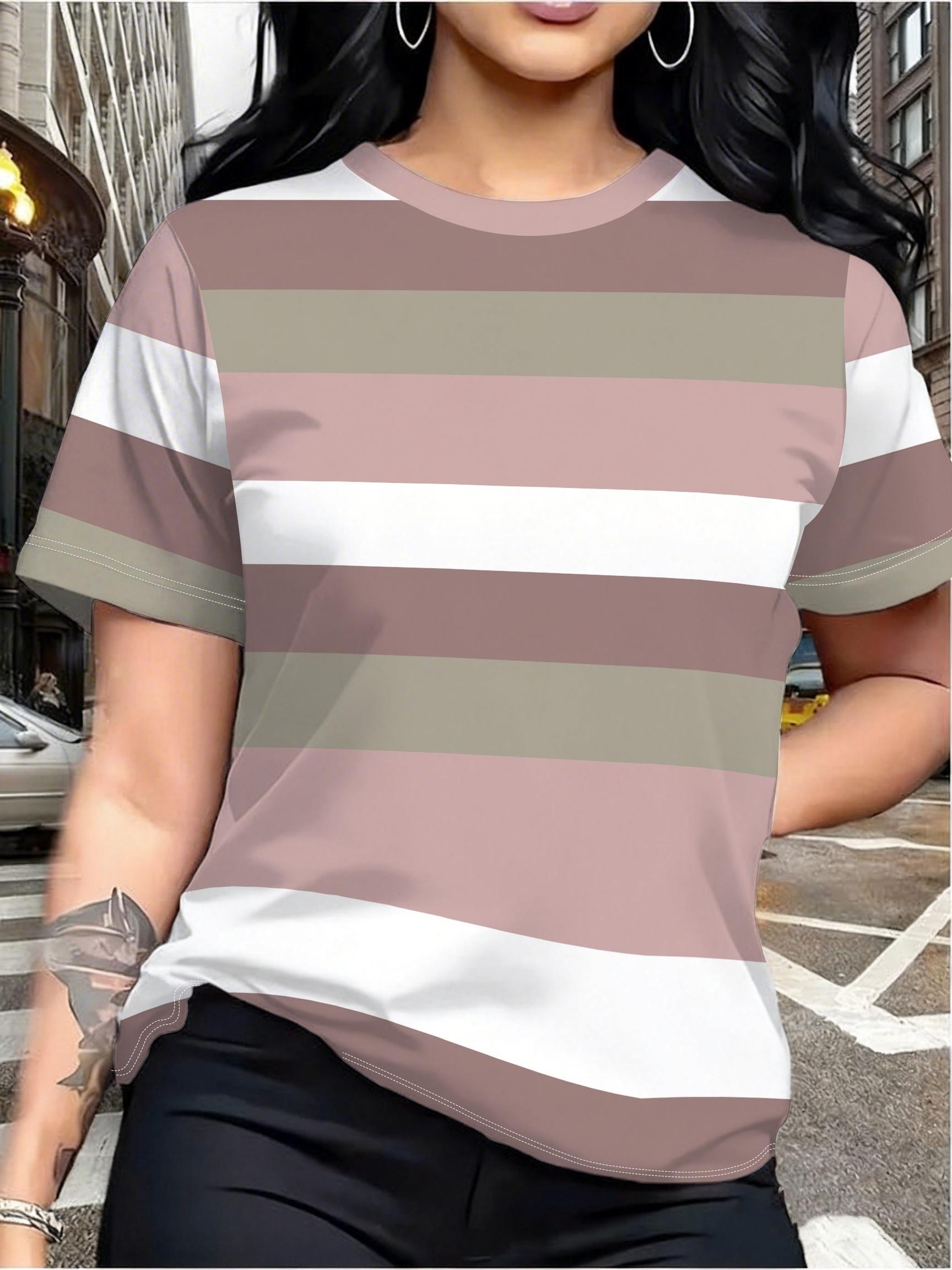 

[Printed Design-No Texture] Summer New Women S Clothing. Pink. Coffee. And White Contrast Stripe Printed T-Shirt. Loose Round Neck Short Sleeve C 2XL дубильная кора