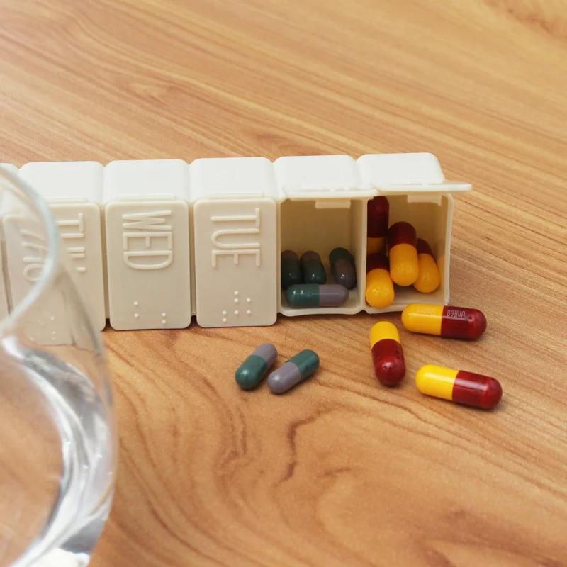 7 Fächer Aufbewahrungs-Organizer Behälter Etui Tablettenteiler Tragbare Nachfüllbare Flaschen Haushalt Kleine Pillendose Wochenaufbewahrungsbox