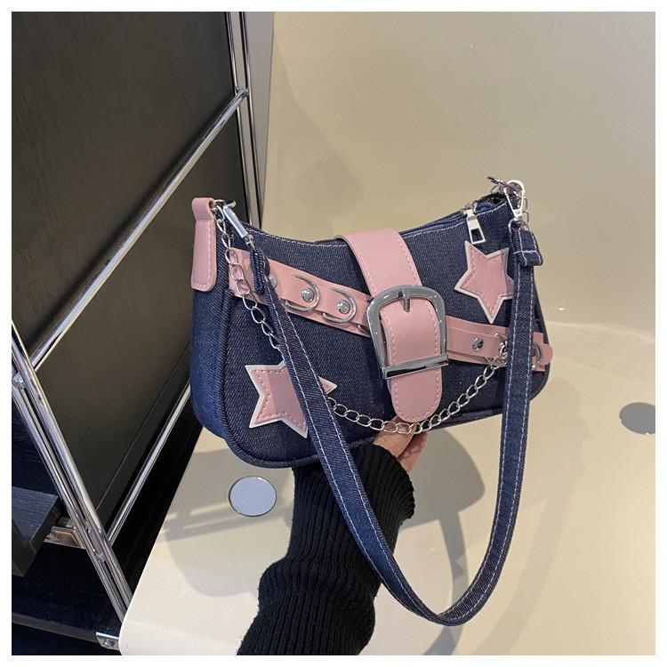 2024 Women's Spring Korean Style Armpit Bag Street Chic Denim Shoulder Bag Casual Small Square Bag Trendy Chain Bag Black