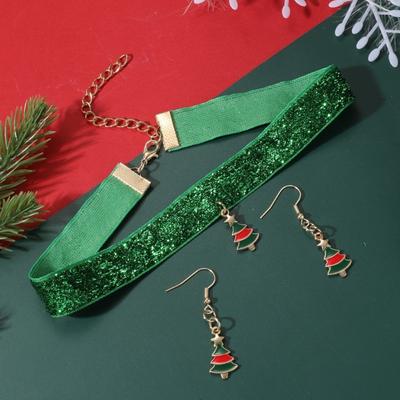 Christmas Tree Pendant Choker Necklace Dangle Earrings Set for Women 2024 New Year Party Clavicle Chain Women Jewelry