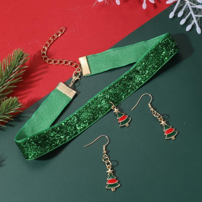 Christmas Jewelry Set for Women Fashion Christmas Tree Choker Necklace Earrings