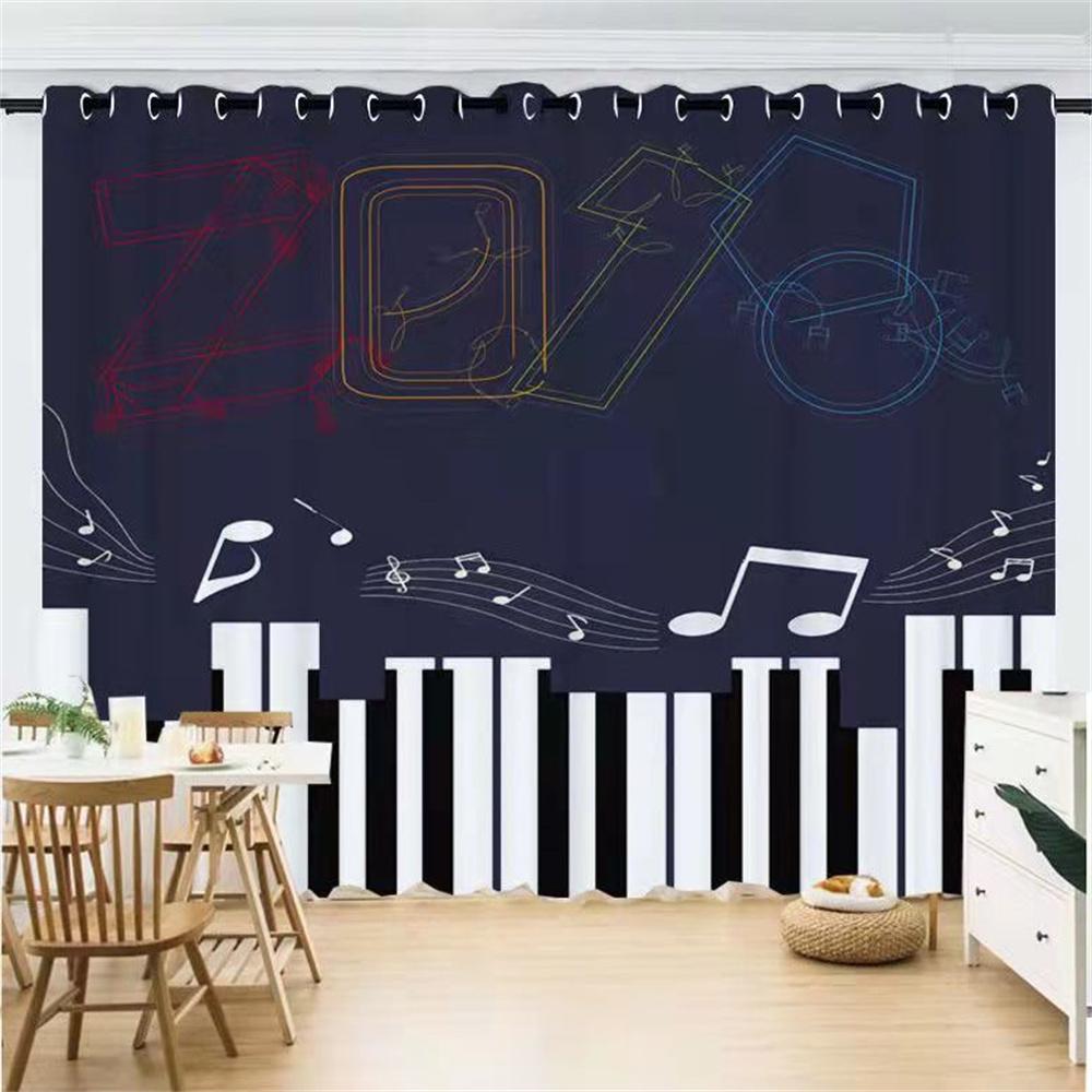 Black Music Abstract Piano Note Art Modern Thin 2 Pieces Light Filtering Curtains for Living Room Bedroom Window Drape Decor