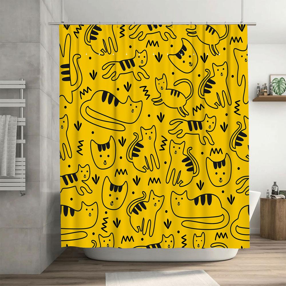 Yellow Cats Pattern Shower Curtain Modern Bathroom Decor Set for Home Decoration in Black White Print Design