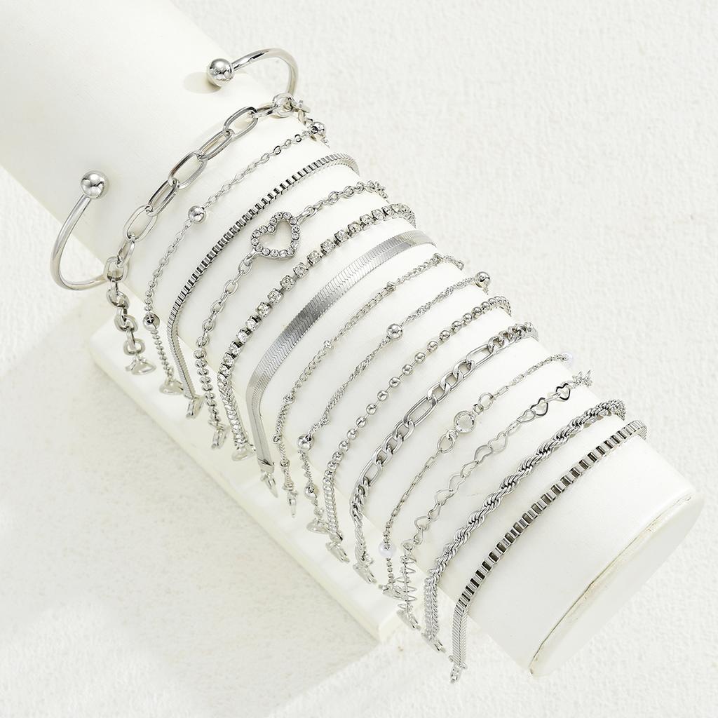 17KM 15 Piece Knotted Inlaid Heart Bracelet Set Fashion Jewelry Women Trendy Shiny Daily Party Accessory Gift For Her