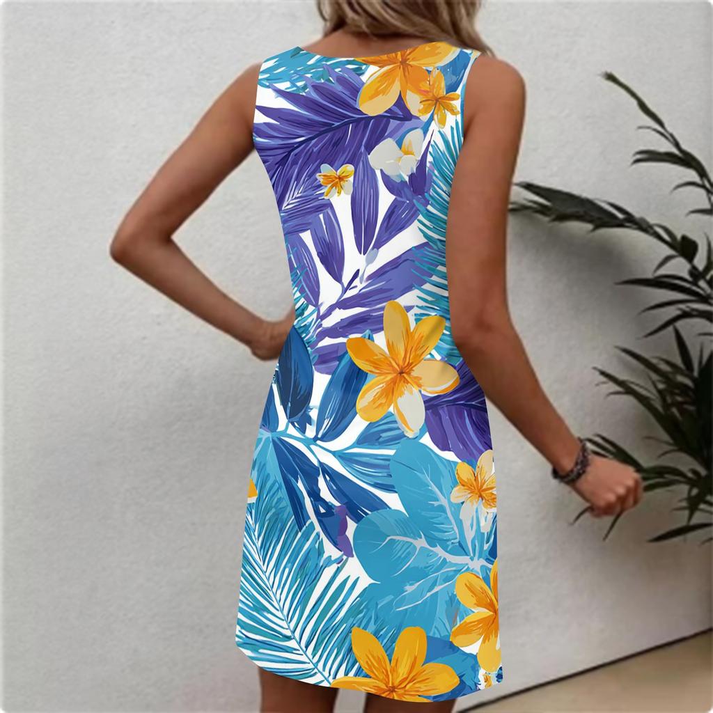 Women's Fashionable Casual Hawaiian Print Round Neck Sleeveless Dress