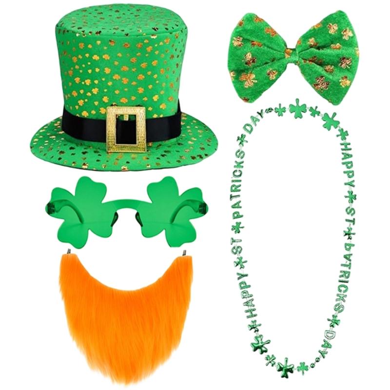Saint Patrick Costume Set Leprechaun Hat Fakes Beard Mustache Tie Glasses for Party Costume Irish Festival Accessories