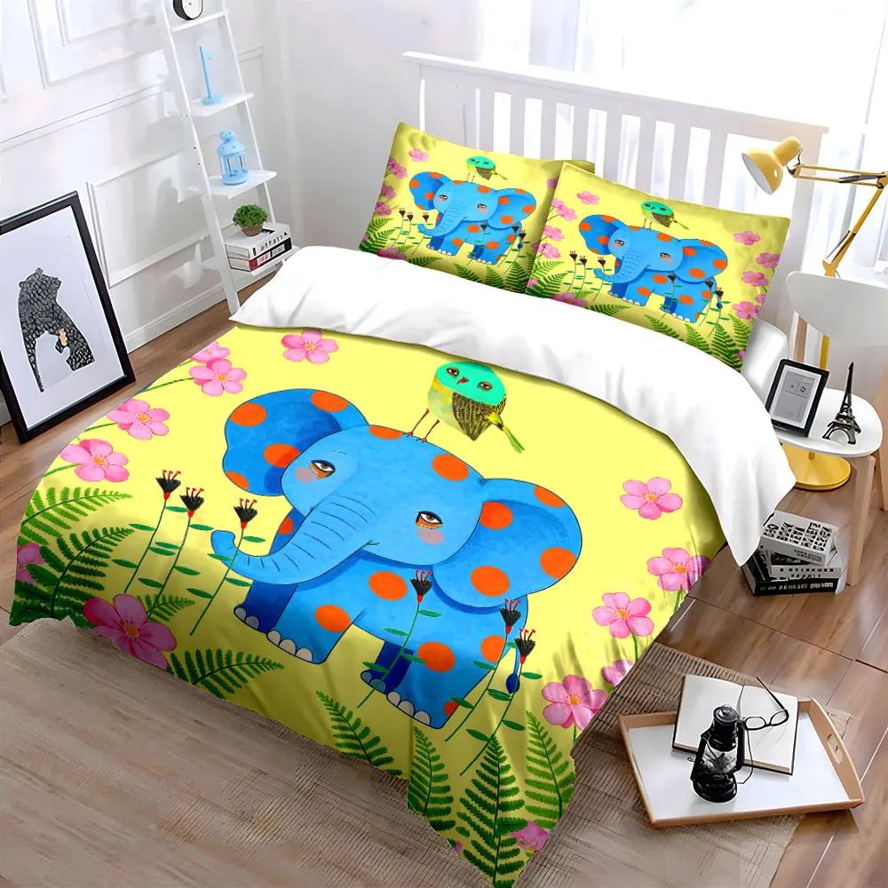 Cute Elephant Trio Home Decor Soft Comfortable Duvet Cover Bedding Set Included 1*Duvet Cover & 2*Pillowcases gift