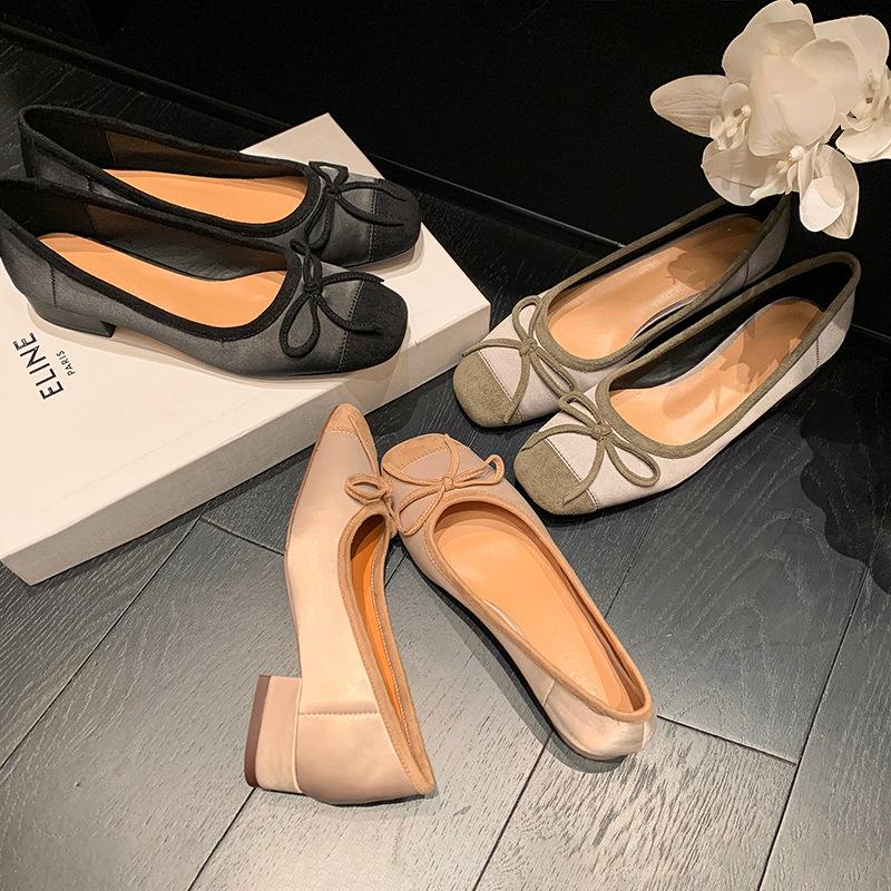 New Genuine Leather Women's Shoes Single Shoes Round Toe Shallow Mouth Shoes French Simple Bow-tie Temperament Mid-heeled Shoes