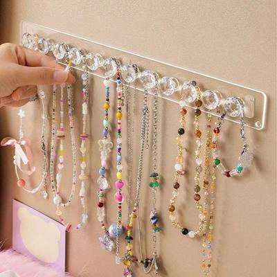 1/2pc 7/12Hooks Transparent Acrylic Storage Rack Wall Display Shelf Mount Necklace Earrings Scarf Organizer Bathroom Accessories