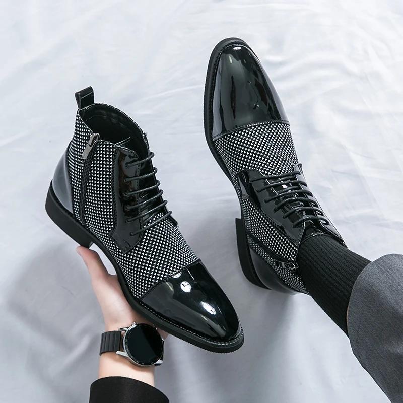 High Quality Men Boots Fashion Pointed Patent Leather Boots Lace Up Ankle Boot Classic Business Dress Boots for Men Wedding Boot