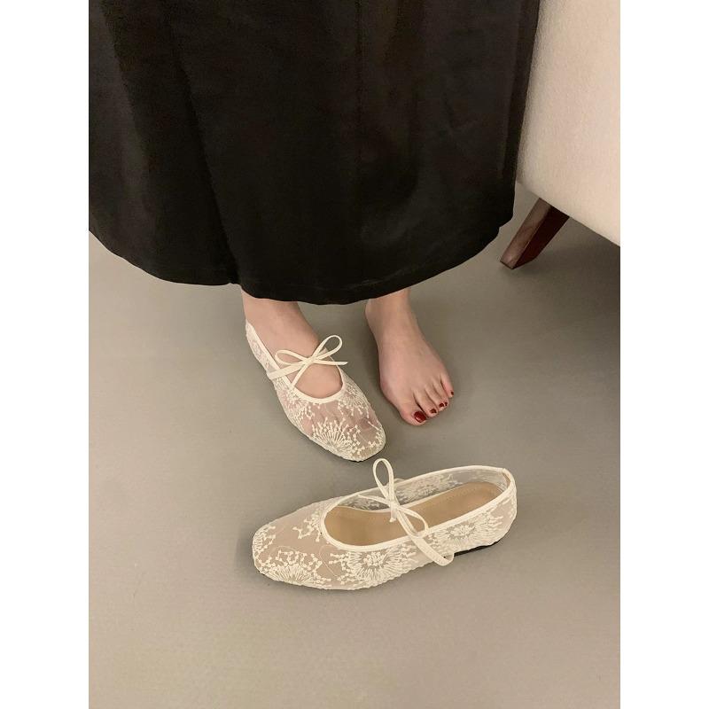 Fashion New Design Flat Shoes for Women Square Head Shallow Mouth Mesh Fabric Embroidery Butterfly Knot Soft Sole Single Shoes Mujer