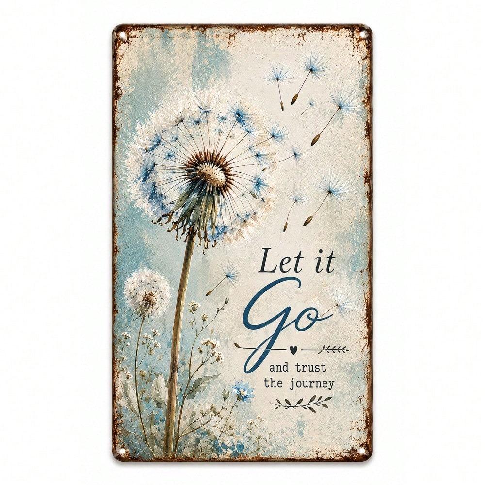 Vintage Dandelion Let Go Quote 2D Flat Rustic Farmhouse Wooden Wall Art, Inspirational Home Decor for Living Room Bedroom
