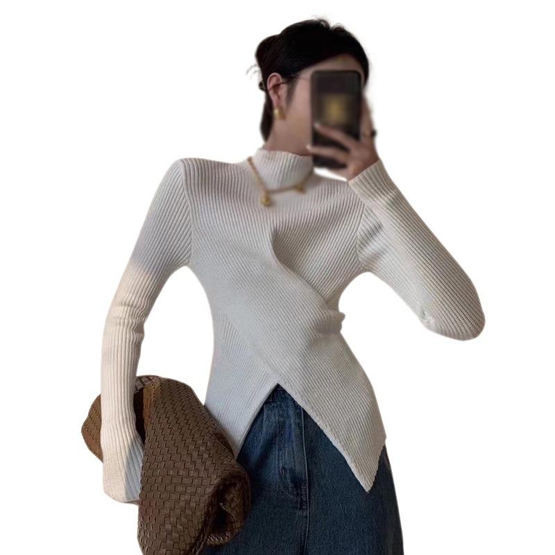 Autumn Half Turtleneck Knitted Sweater Bottoming Top For Women Slimming Niche Hem Slit Pullover Tops