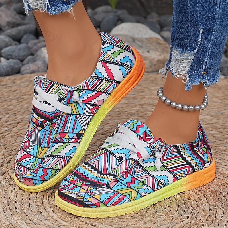 Mode 2025 Damen Graffiti Regenbogen Canvas Schuhe Herbst Neu Lässig Täglich Damen Flacher Schuh Runde Zehe Mehrfarbig Bedruckt Schnür-Sneakers