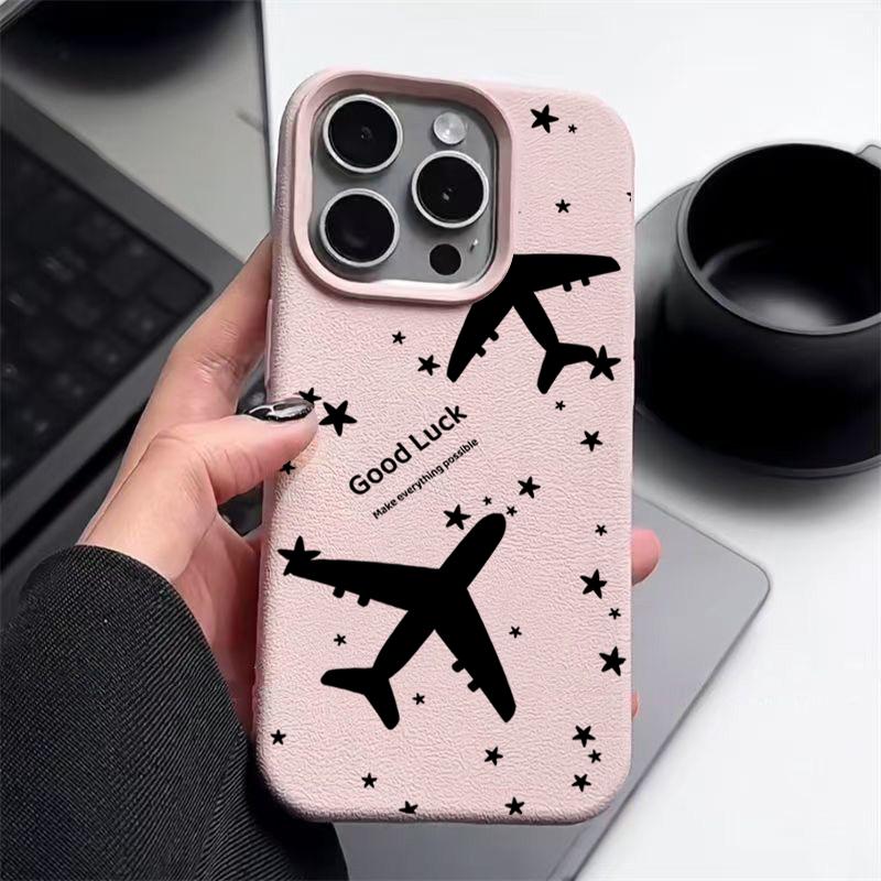 Airplane Pattern TPU Leather Texture Case For iPhone 16 Pro Max 15 Pro 14 13 12 11 Soft Matte Shockproof Lens Protection Slim Phone Cover