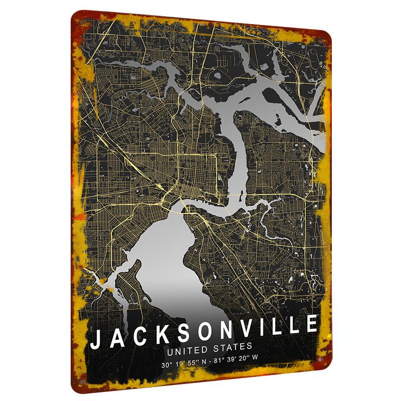 Jacksonville Florida USA Map Metal Wall Art Modern Home Decor City Skyline Poster Print 20x30cm(7.8x11.8inch)