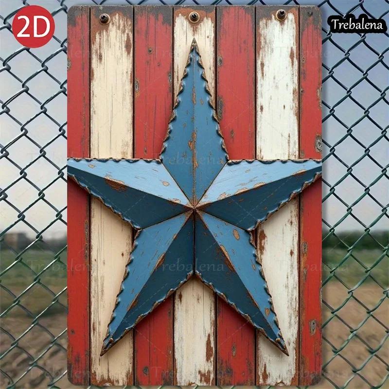 Vintage Embossed Tin Sign Americana Blue Star Metal Wall Art Patriotic Red White Stripes for Home Barn Porch Garage Farm Garden